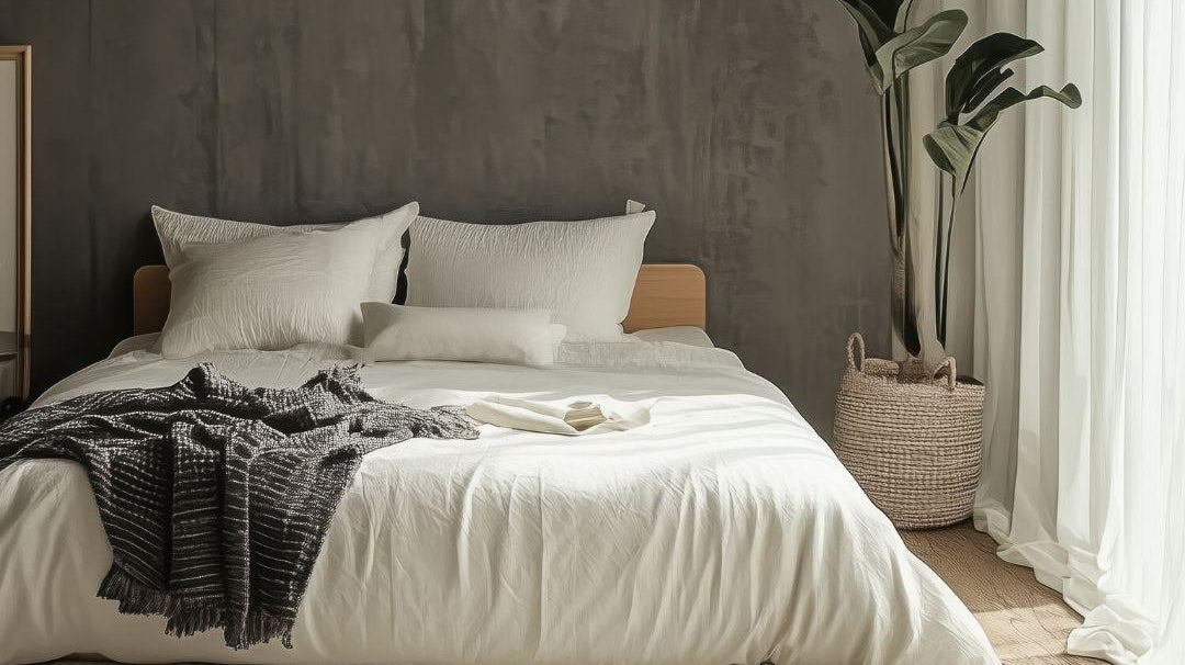 Modern bedroom with Turkish washable area rug, cozy bed, plant, and natural light