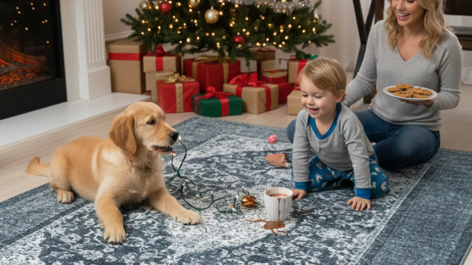 Family with dog on Turkish washable area rug by Christmas tree and fireplace, spilled cocoa