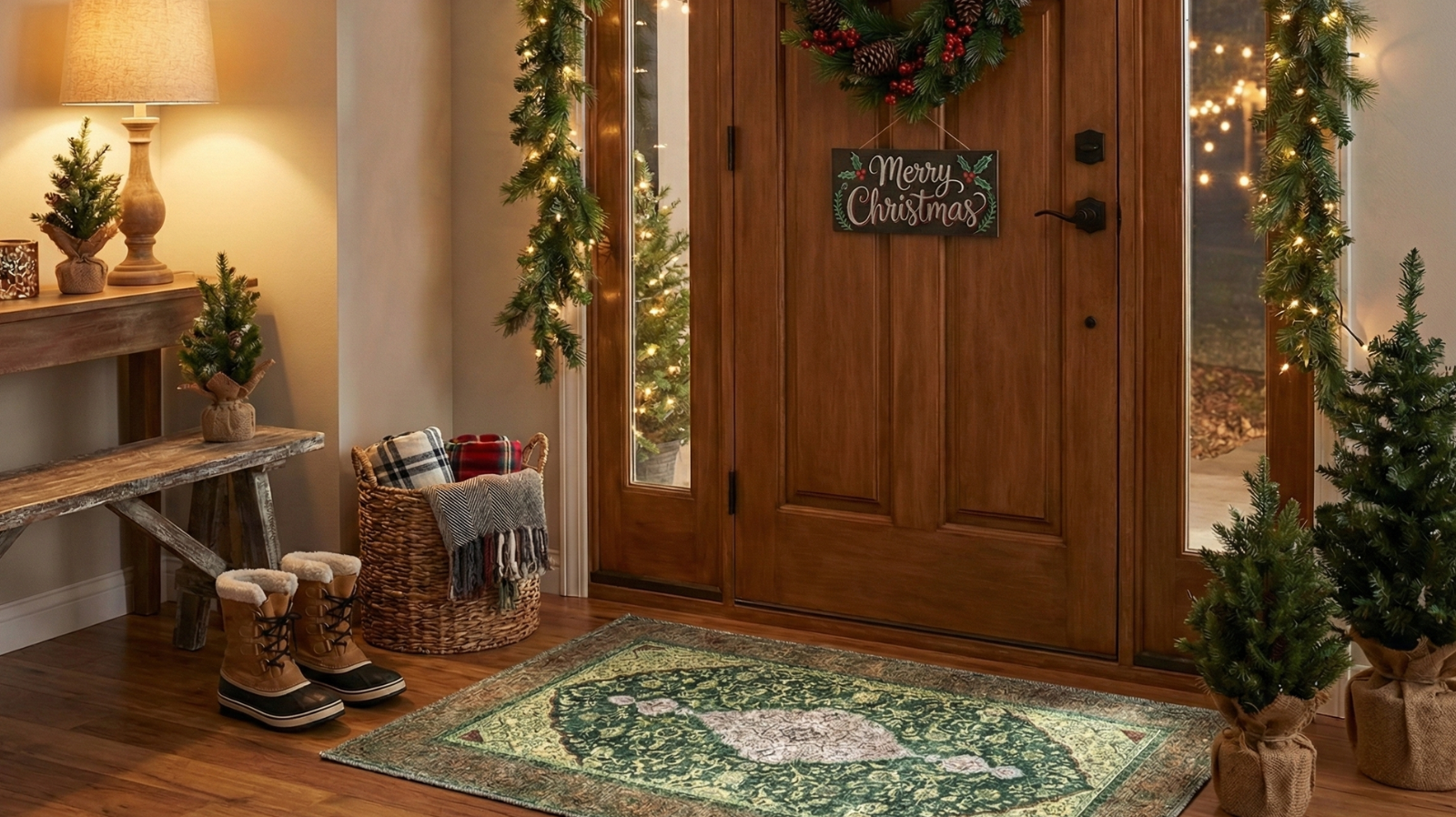 Festive entryway with Turkish washable green area rug, holiday decor, and wood floor