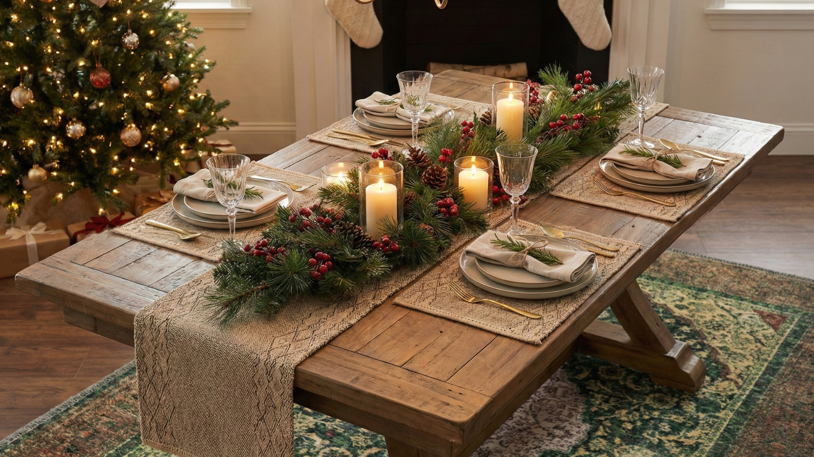 Festive dining table with rustic runner, holiday candles, and Turkish washable area rug