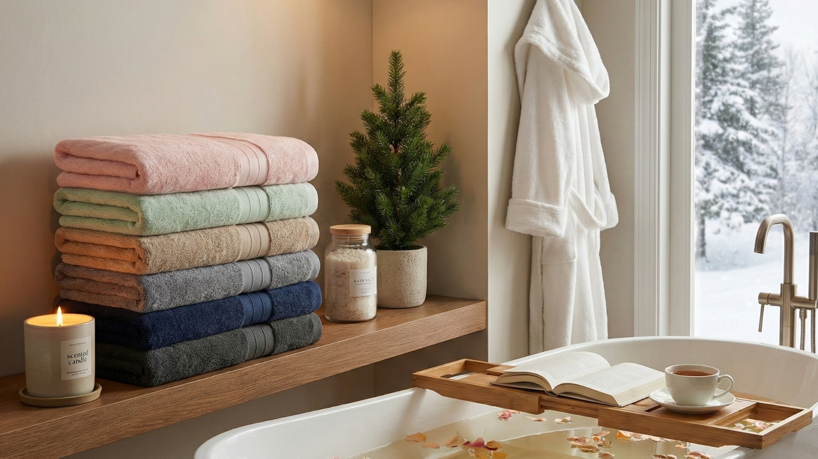 Stack of colorful Turkish cotton towels beside a bathtub with petals, tea, candle, and winter window view