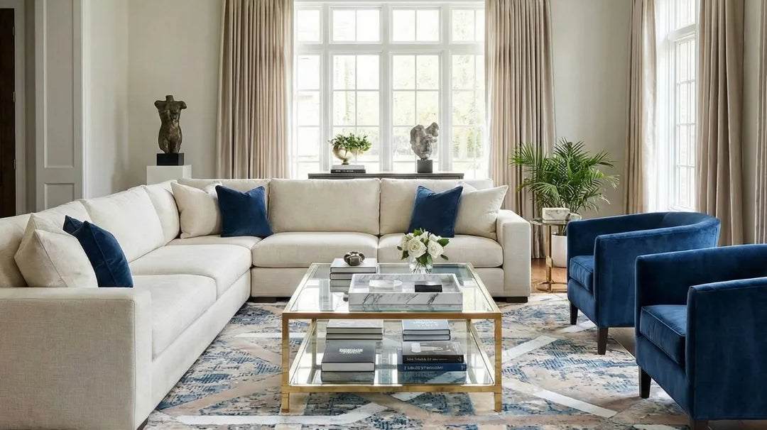 Modern living room with a blue beige Turkish washable area rug, cream sofa, and velvet chairs.