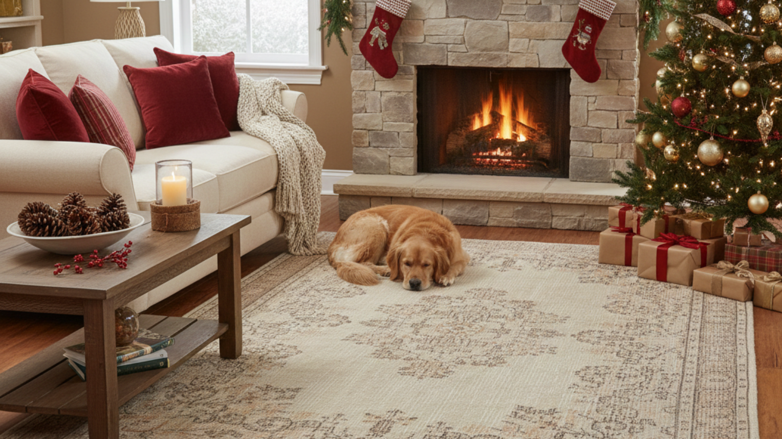 Turkish washable area rug in cozy holiday living room with fireplace, sofa, and Christmas tree
