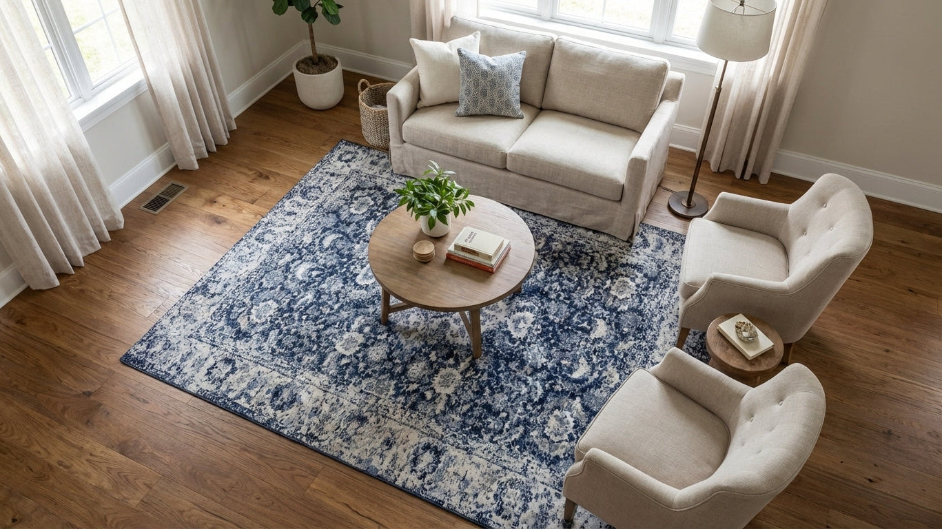 Blue and white Turkish washable area rug in a small living room with beige sofa and chairs