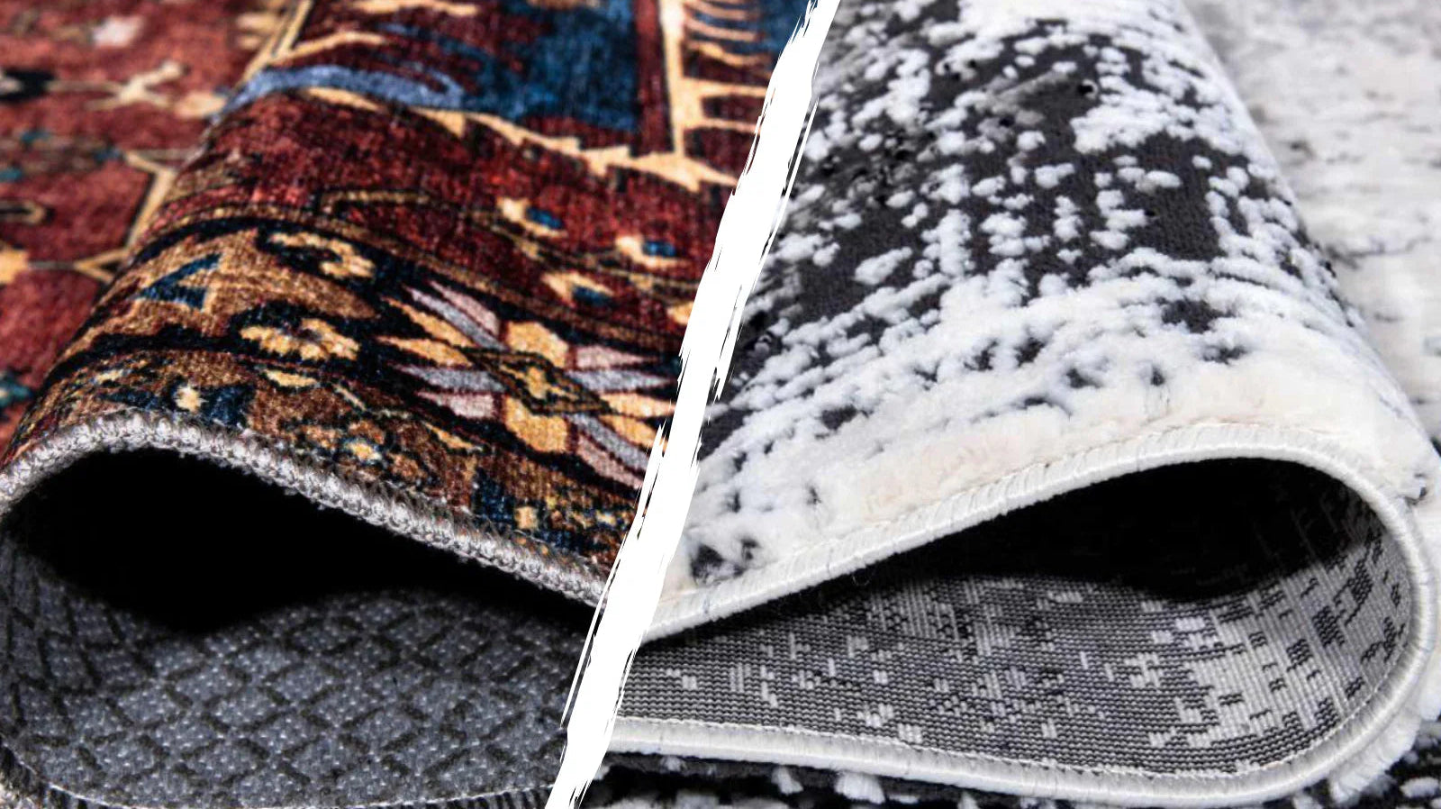 Close-up comparison of a colorful traditional rug and a black and white washable area rug