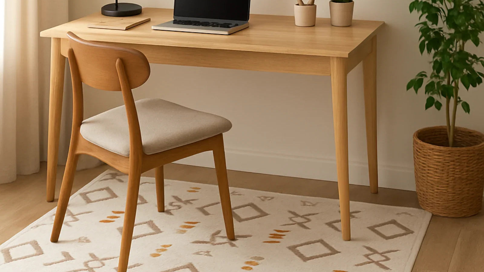 Modern study corner with a laptop on a wooden desk and a patterned washable area rug