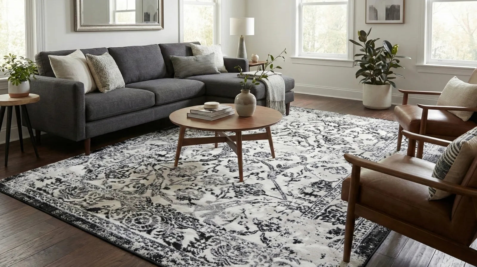 Modern living room with grey sectional sofa, wooden table, and patterned Turkish area rug