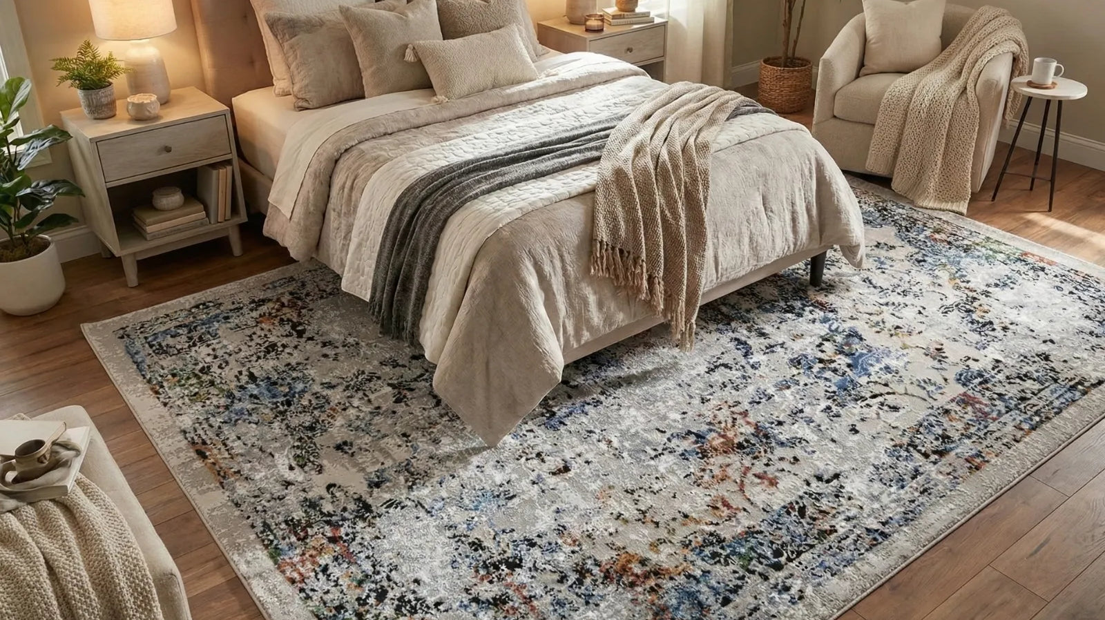 Cozy bedroom with a modern Turkish area rug, neutral bedding, and soft lighting.