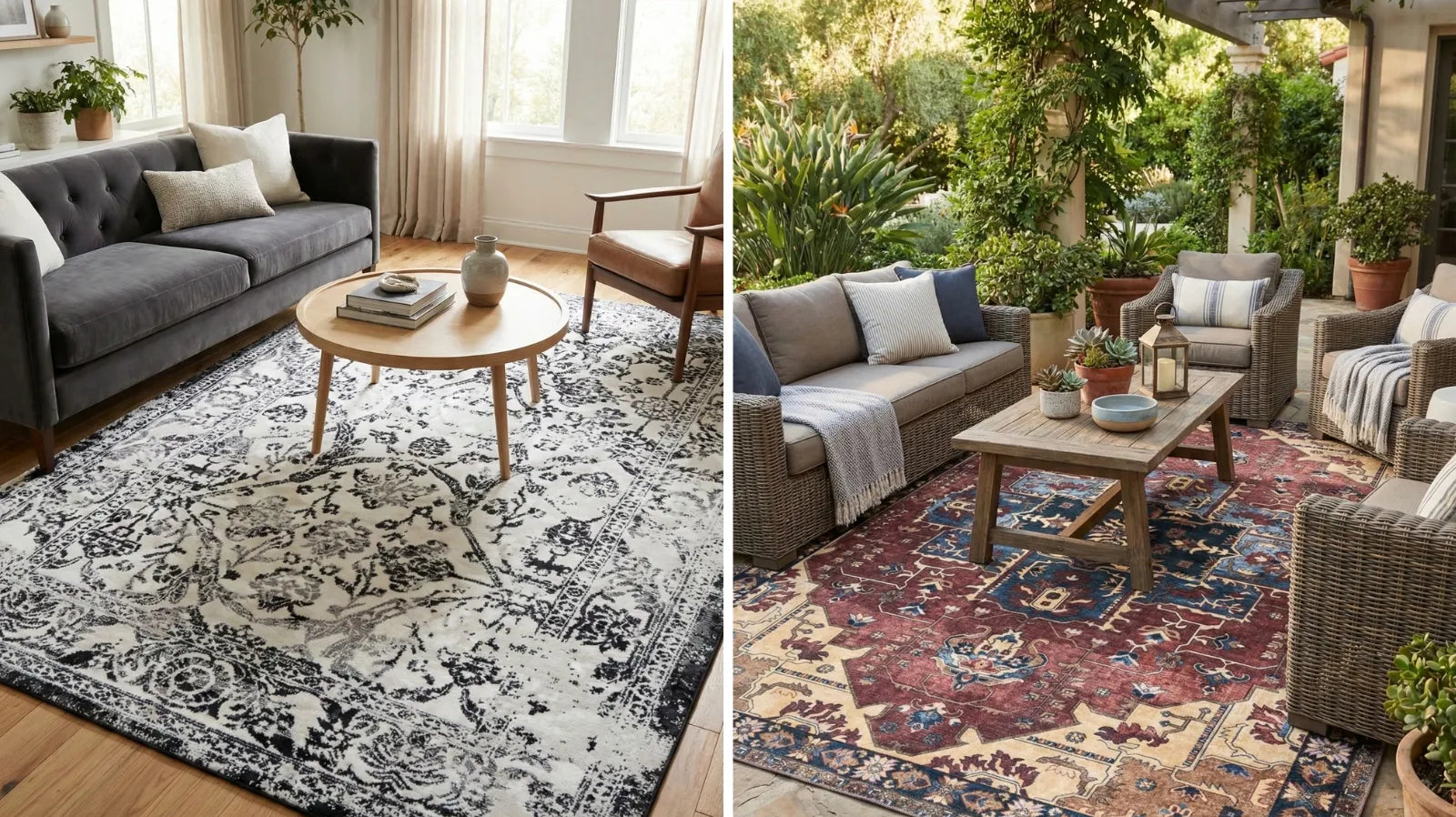 Indoor living room and outdoor patio with stylish Turkish area rugs and modern seating