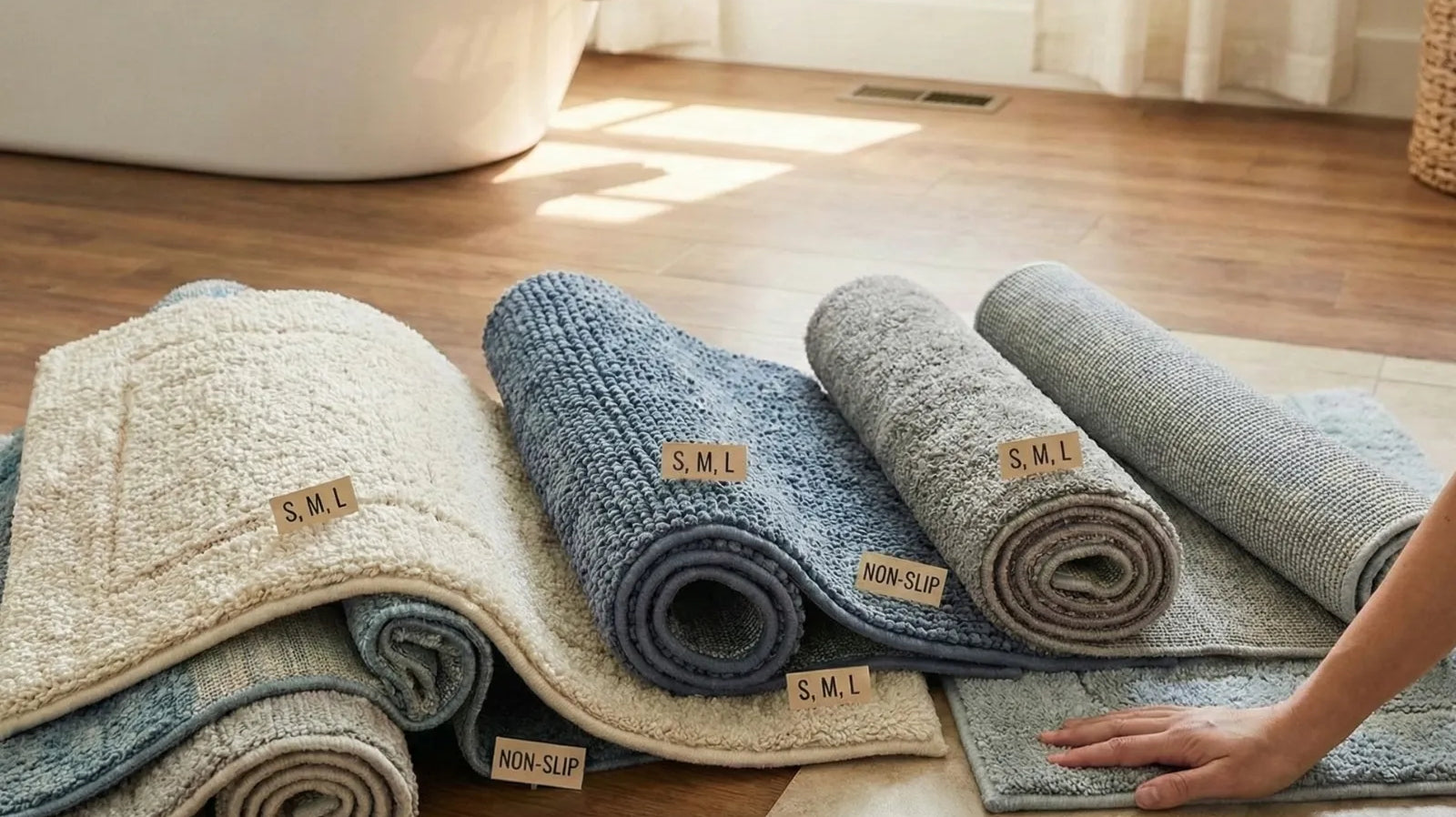 Assorted non-slip bathroom rugs in various sizes and textures on a wooden floor