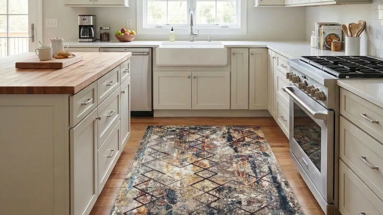Modern kitchen with patterned Turkish area rug on wooden floor, white cabinets, and large window