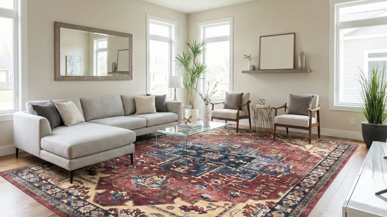 Modern living room with large Turkish area rug, light grey sectional sofa, and natural decor