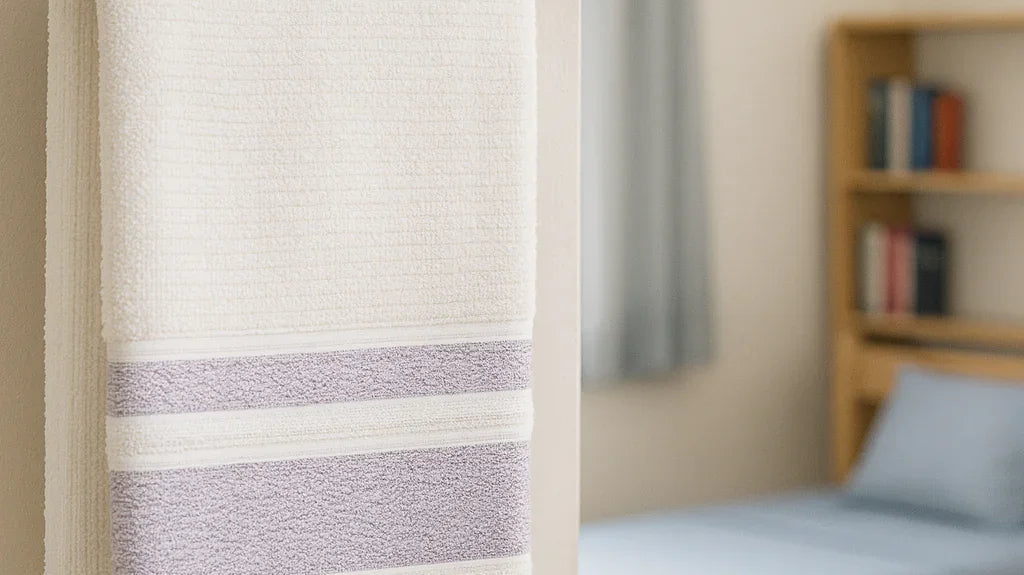 Turkish cotton towel with pale lavender stripes hanging on a towel bar in a bedroom.