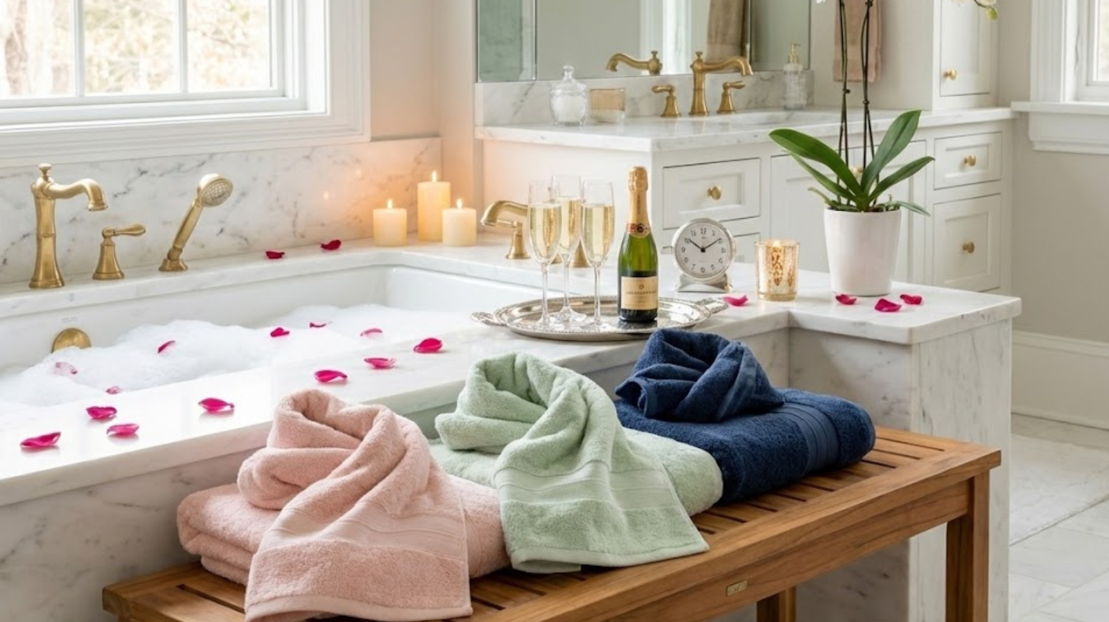 Luxury bathroom with Turkish cotton towels on wooden bench, bubble bath, candles, and orchid plant