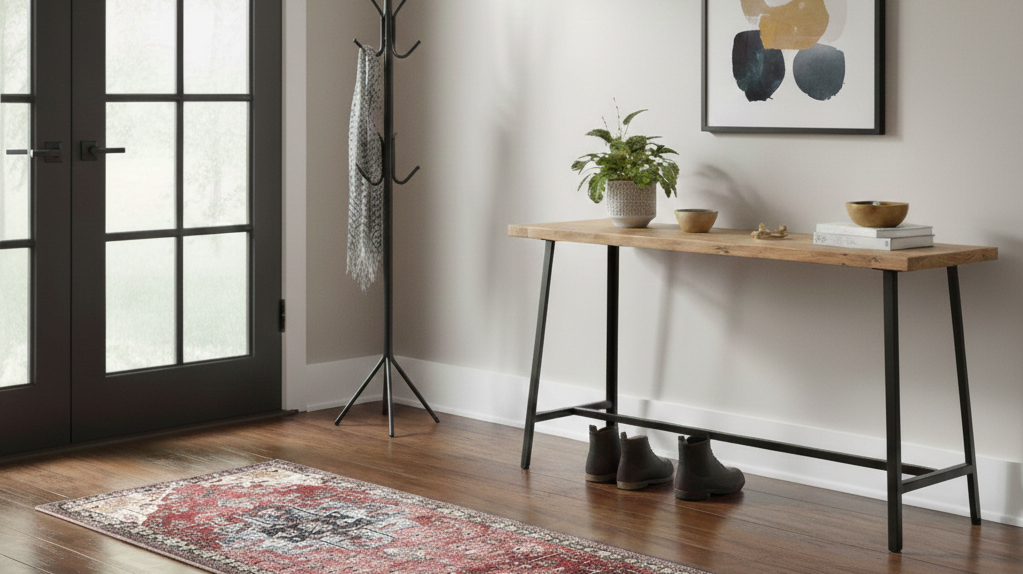 Turkish washable area rug with red and beige pattern in modern entryway on wood floor