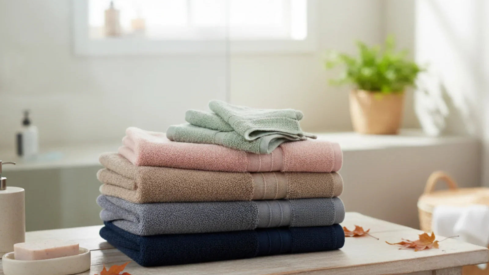 Stack of soft Turkish cotton towels in pastel colors on a bathroom counter with natural light.