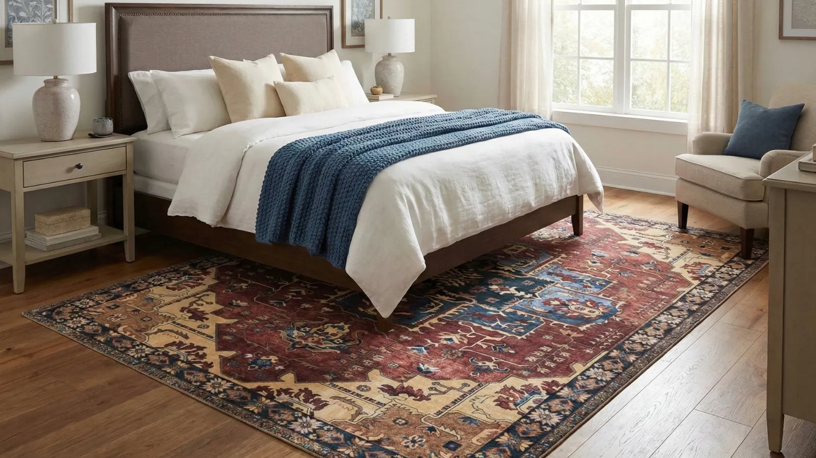 Turkish washable area rug with intricate pattern in cozy bedroom with wood floors