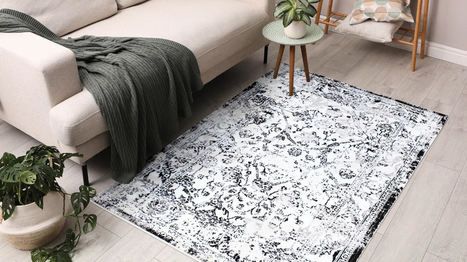 Modern living room with a Turkish washable area rug, beige sofa, and indoor plants
