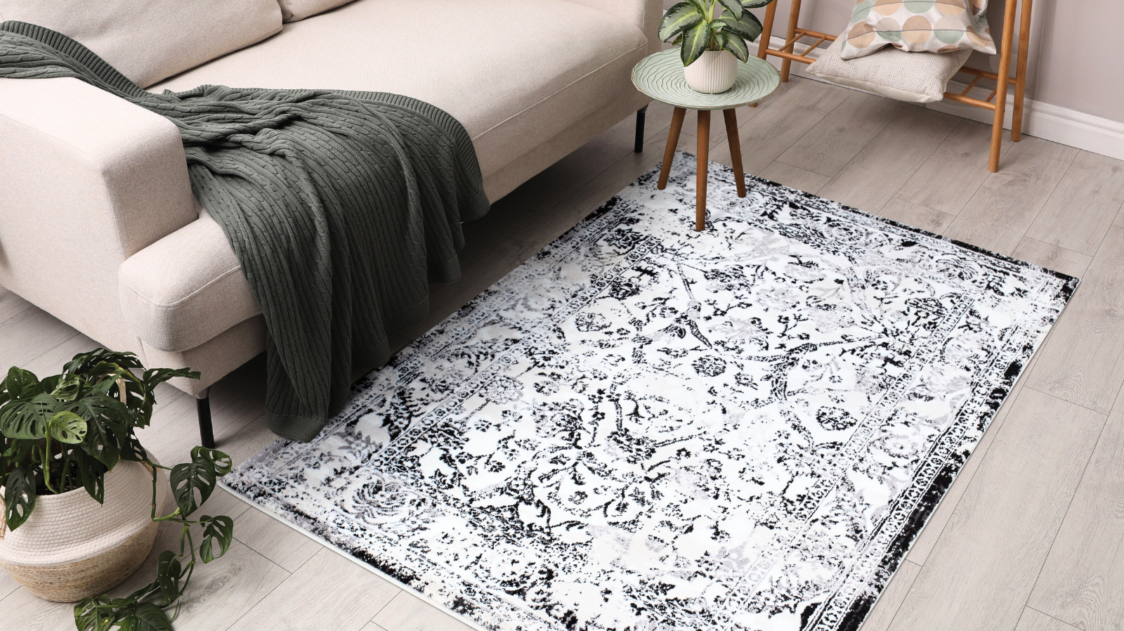 Modern living room with Turkish washable area rug, beige sofa, and potted plants on wood floor
