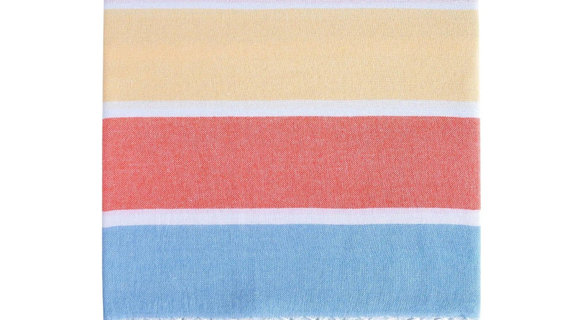 Striped Turkish peshtemal towel with fringed ends, flat woven cotton