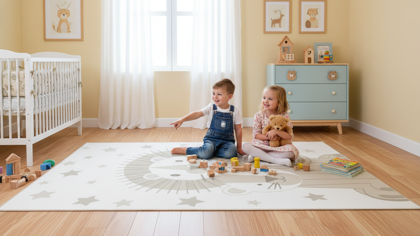 Kids playing on a washable Turkish area rug with star and lion design in a bright nursery