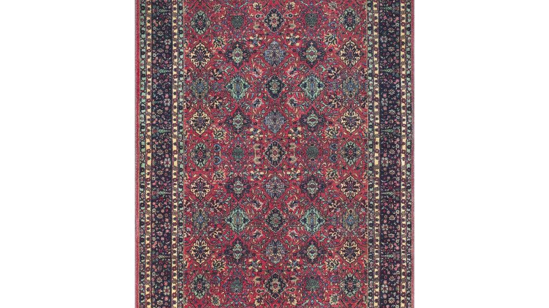 Red and blue one-piece machine washable area rug with integrated non-slip backing