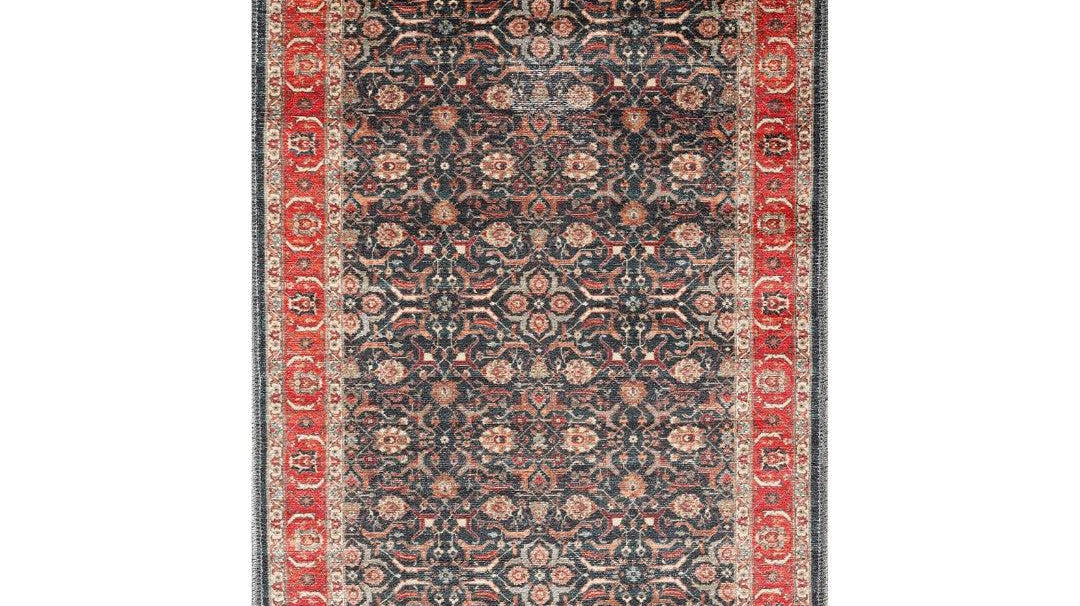 Blue and red decorative border machine washable area rug in a well-used living room