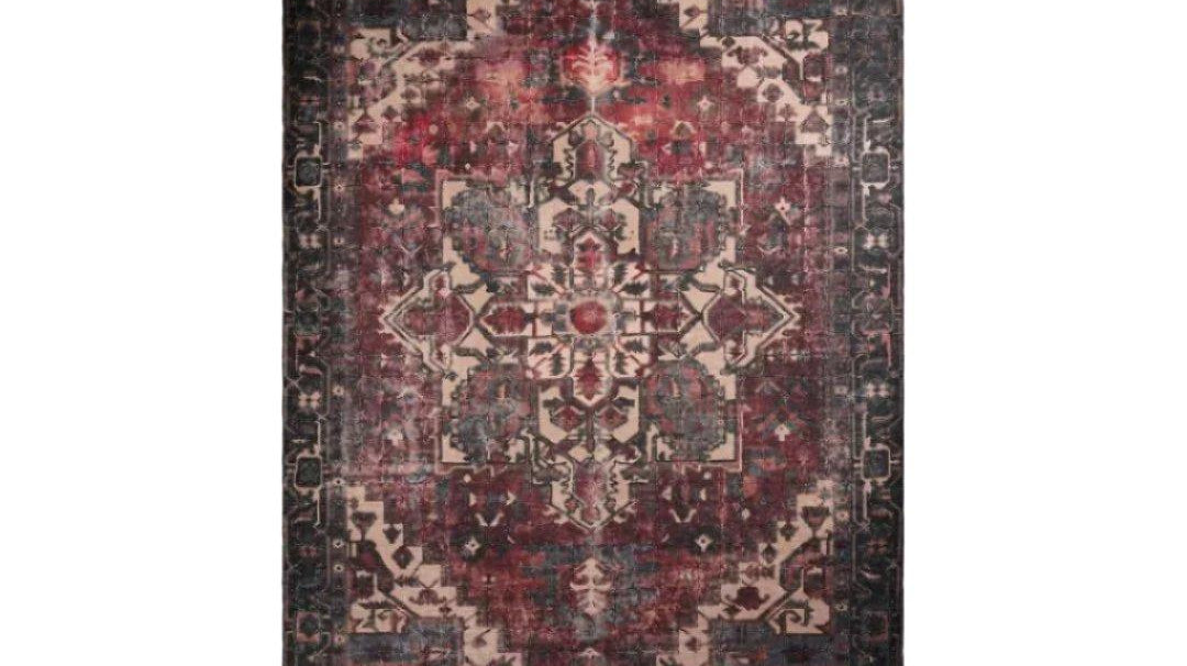 Burgundy vintage machine washable area rug lying flat with no creases