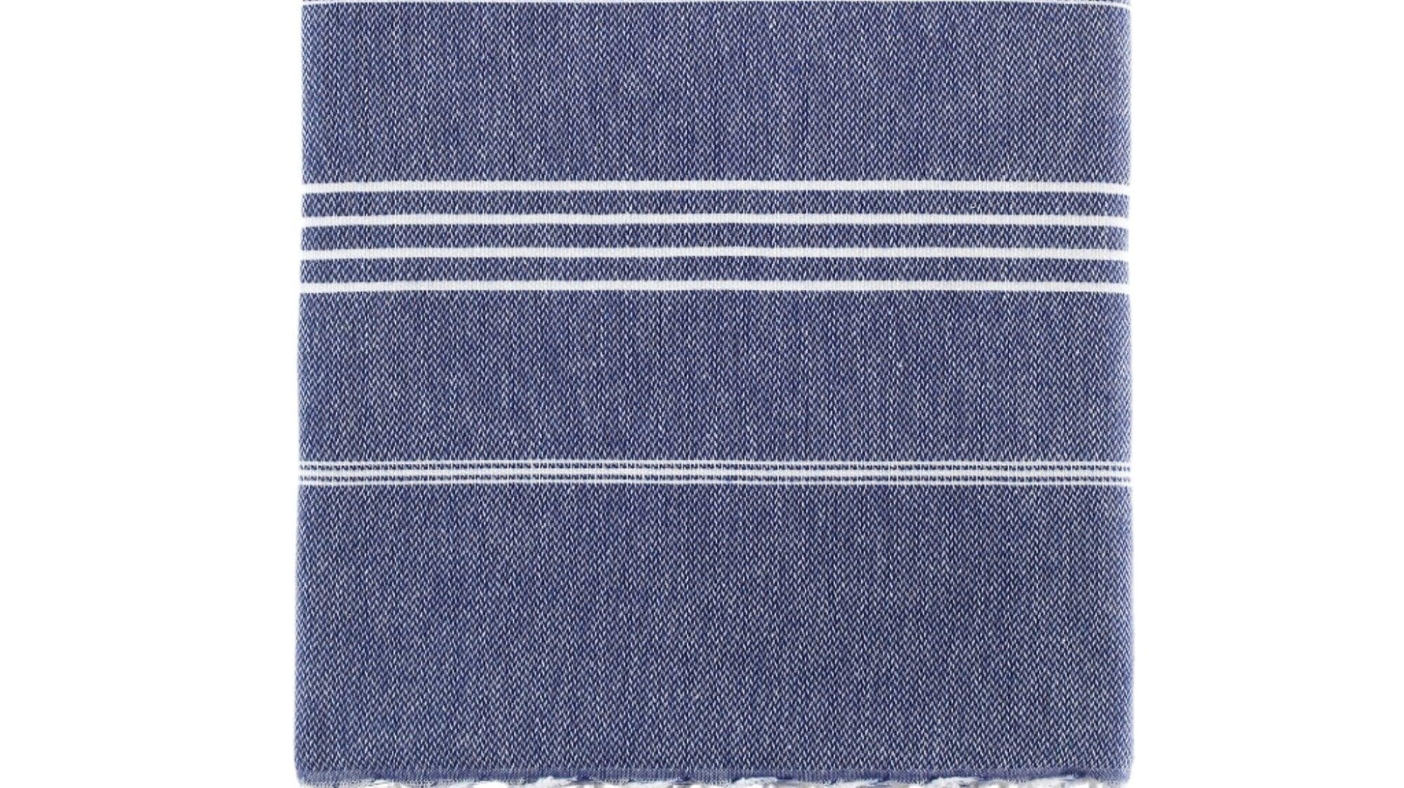 Blue Turkish cotton beach towel with flat weave and fringed edges, 40 x 70 inches