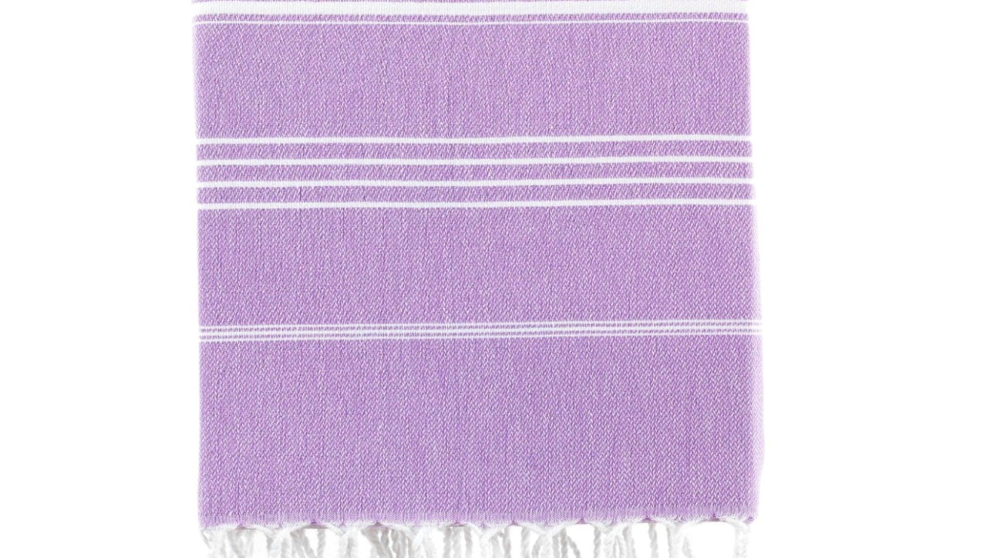 Lilac Turkish cotton beach towel, soft flat weave after washing