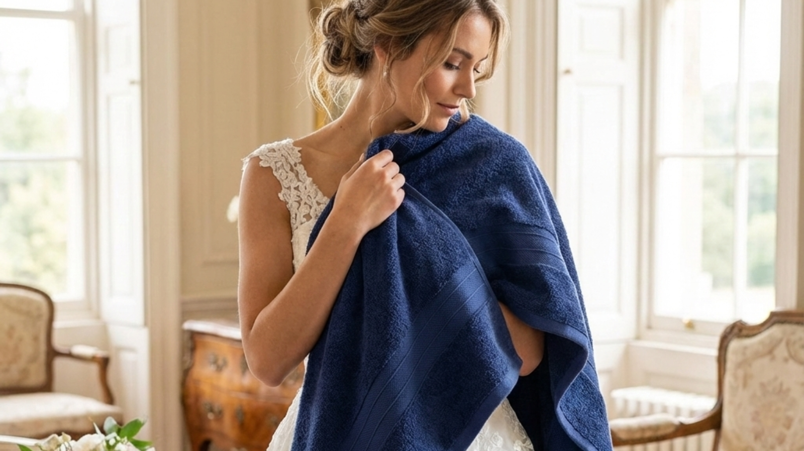 Woman in elegant room holding soft navy blue Turkish cotton towel, bouquet nearby