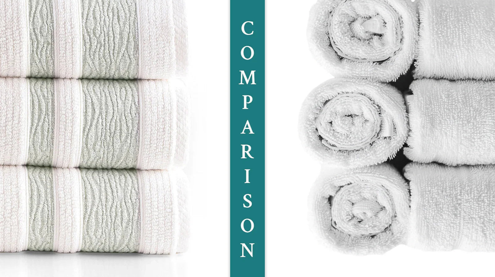 Comparison of Turkish cotton vs Egyptian cotton towels, stacked and rolled, soft texture.