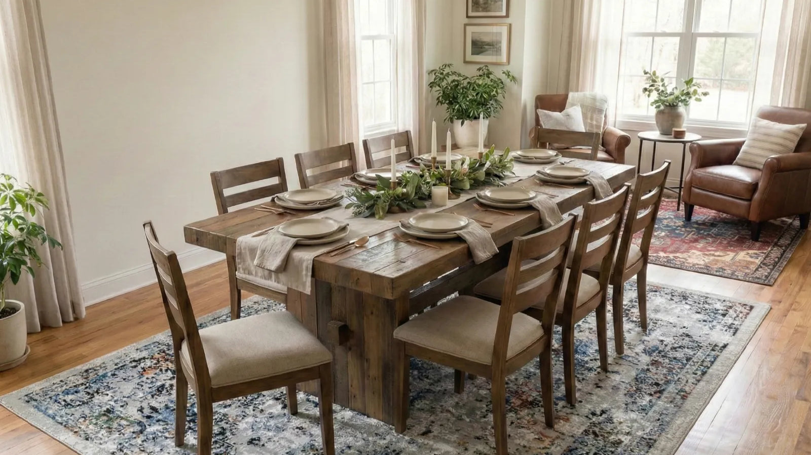 Modern dining room with a Turkish washable area rug and rustic wood table set