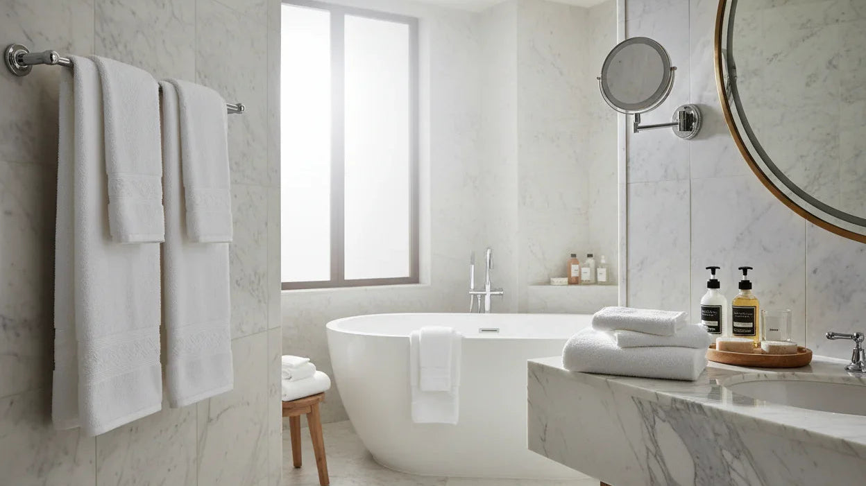 Modern bathroom with Turkish cotton towels on rack and counter, marble bathtub and sink