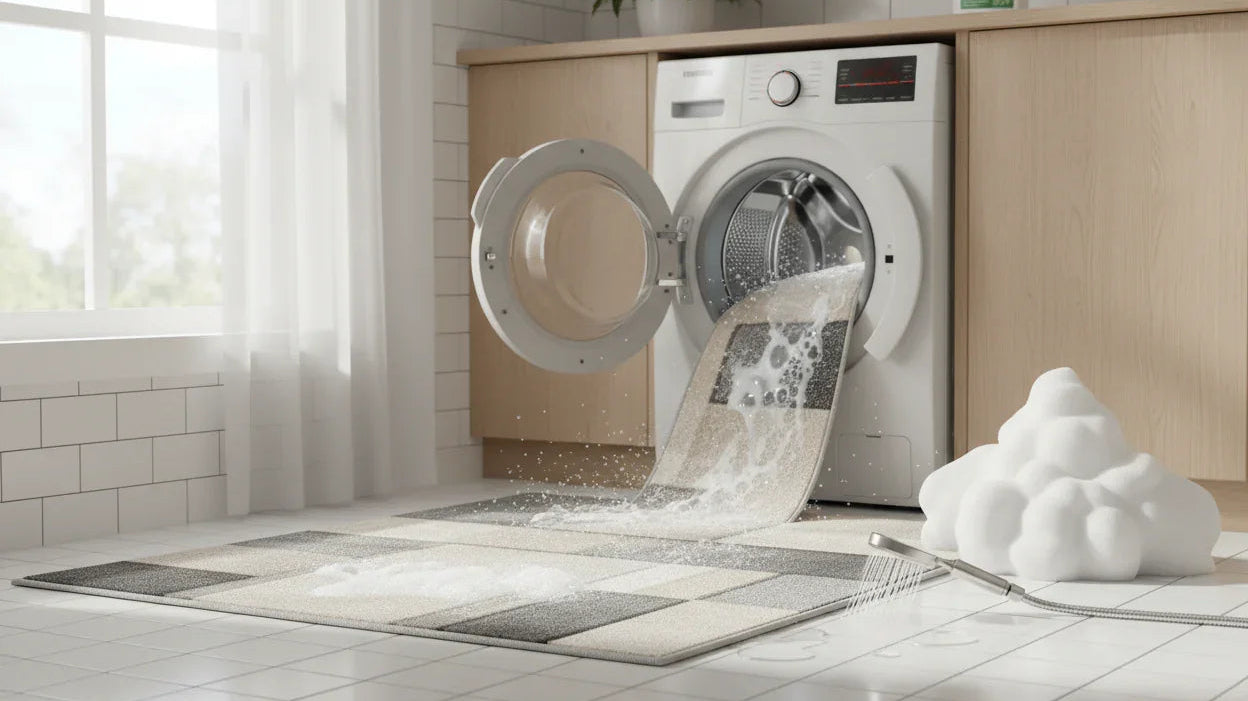Washable Turkish area rug being cleaned in a modern laundry room with washing machine and soap suds