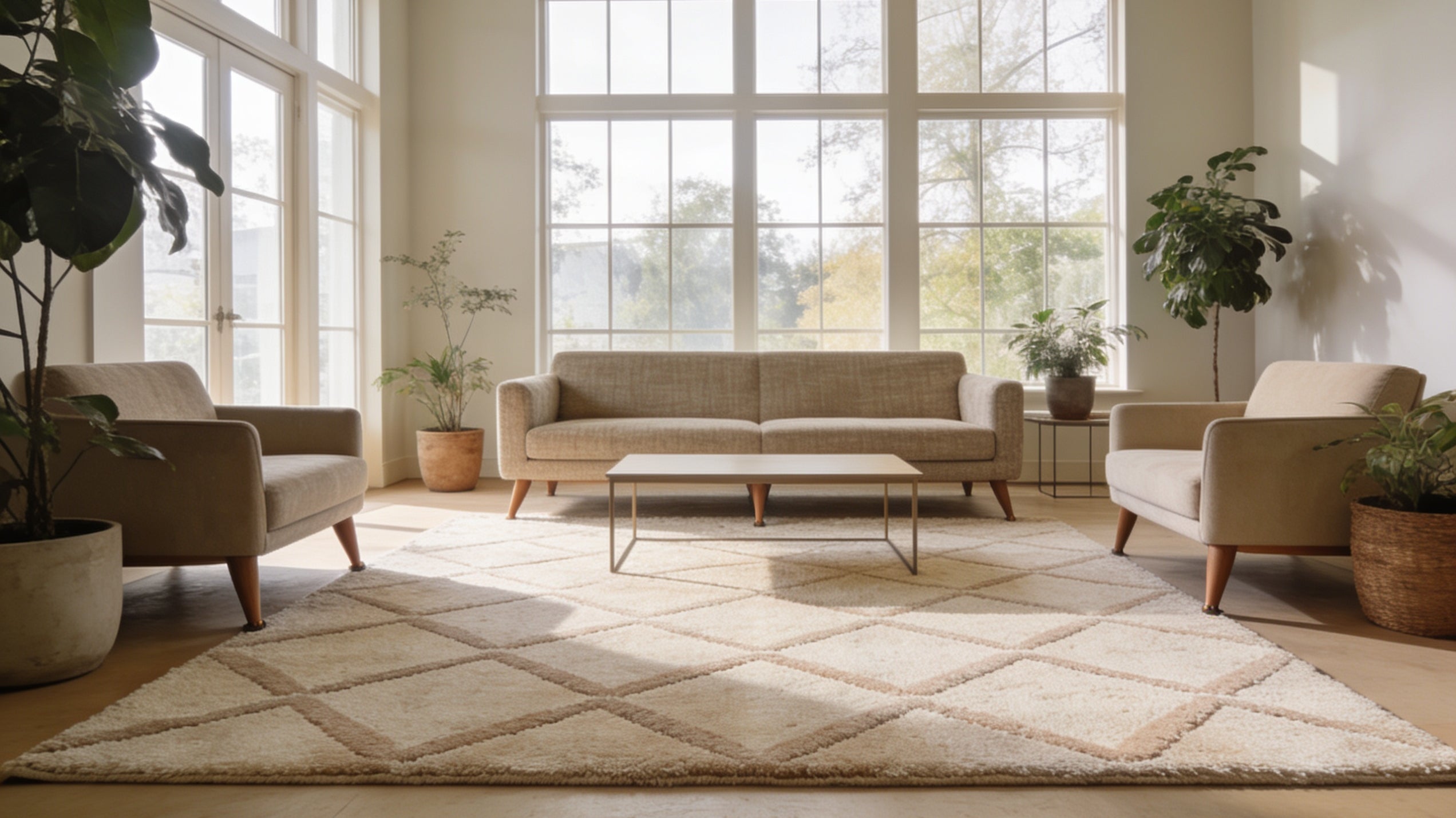 Neutral geometric area rug centered under a sofa and armchairs in a modern living room