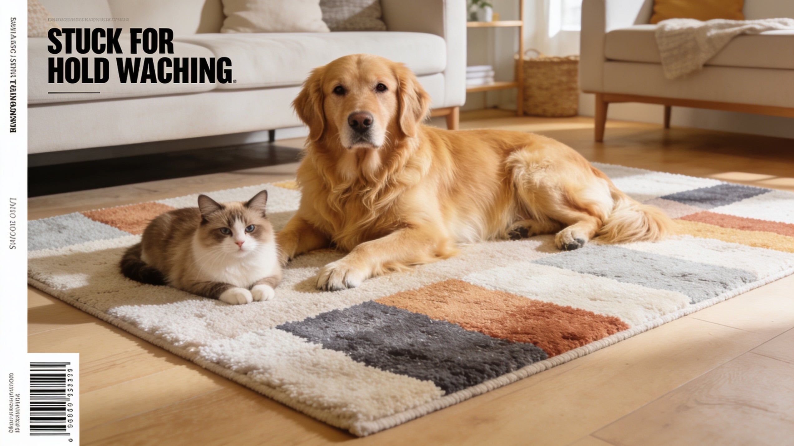 A dog and cat resting on a soft multicolor machine washable pet-friendly area rug in a cozy living room
