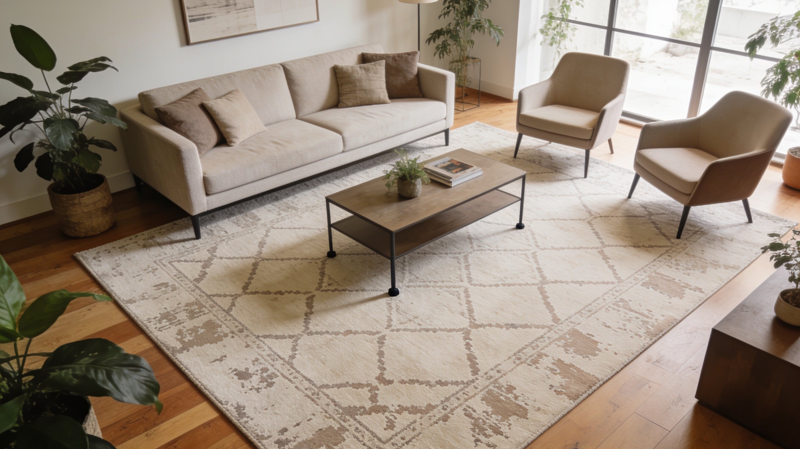 Large 8x10 machine washable area rug anchoring a sofa and chairs in a modern living room