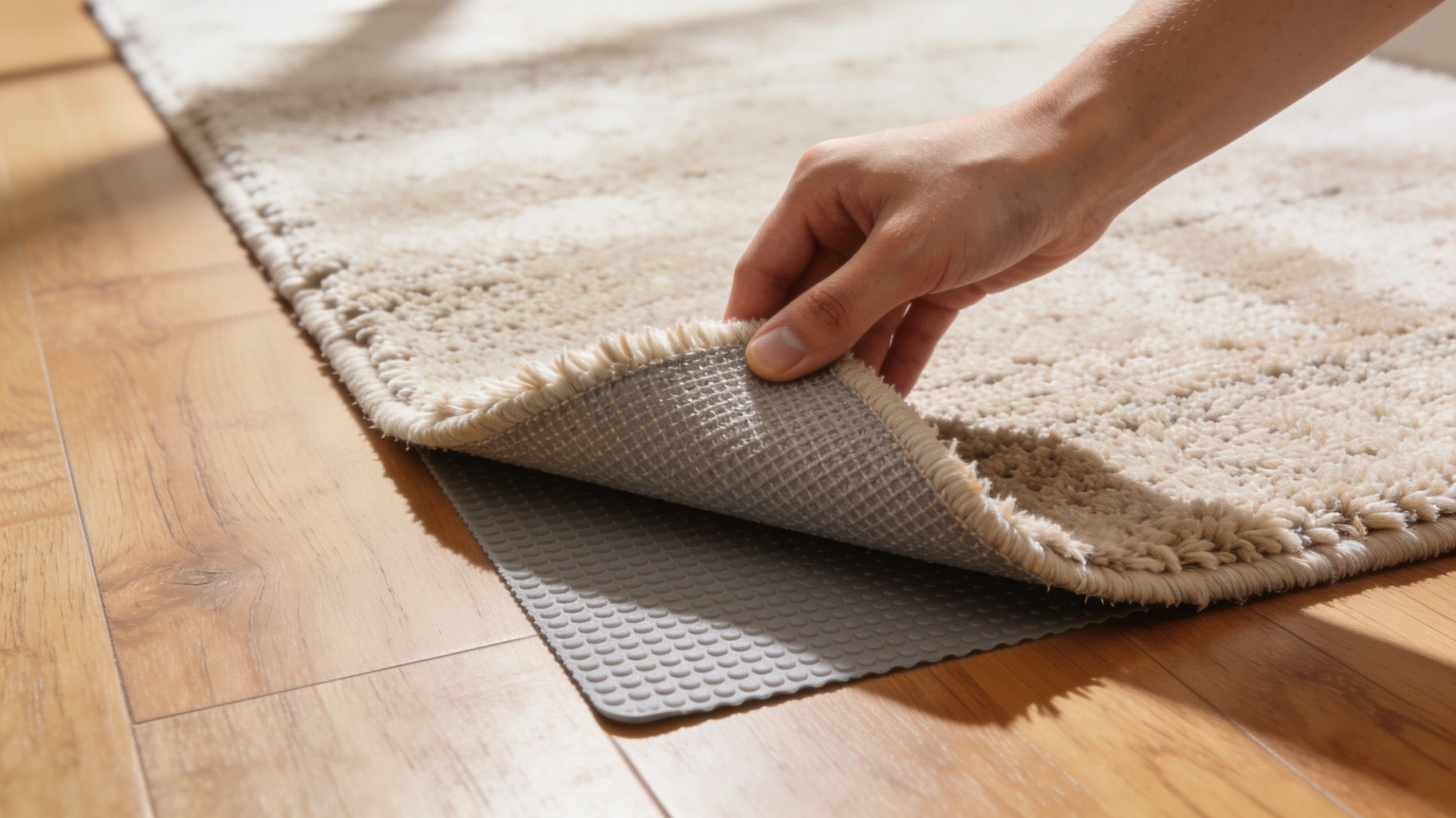 Hand smoothing the corner of an area rug on hardwood with a non-slip rug pad underneath