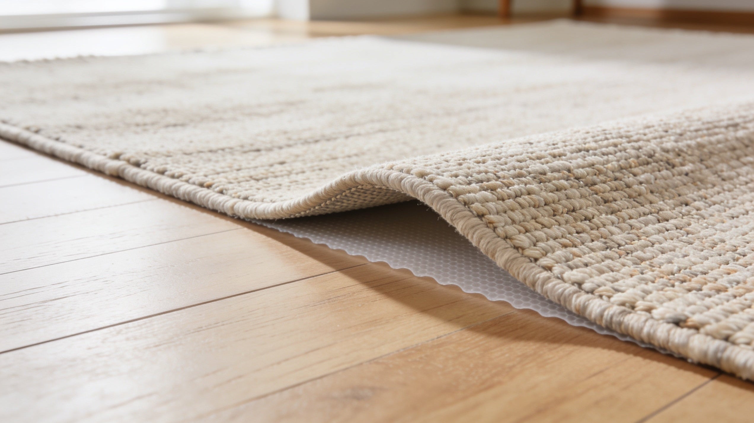A new flat-woven area rug lying completely flat and crease-free on a light hardwood floor