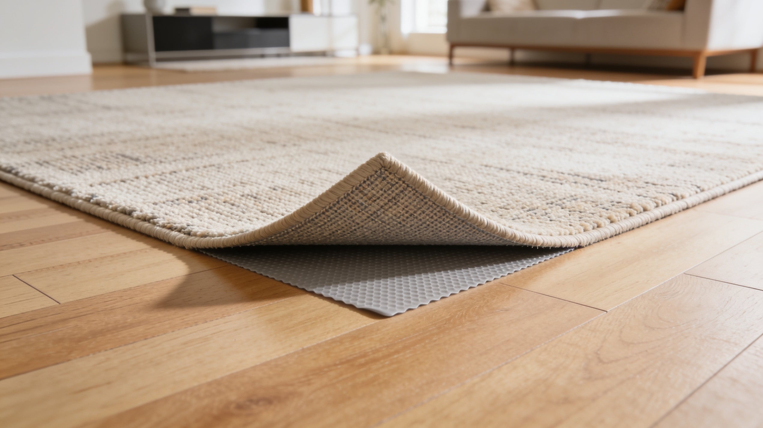 Corner of a machine washable area rug lifted to show a non-slip rug pad underneath on hardwood floor