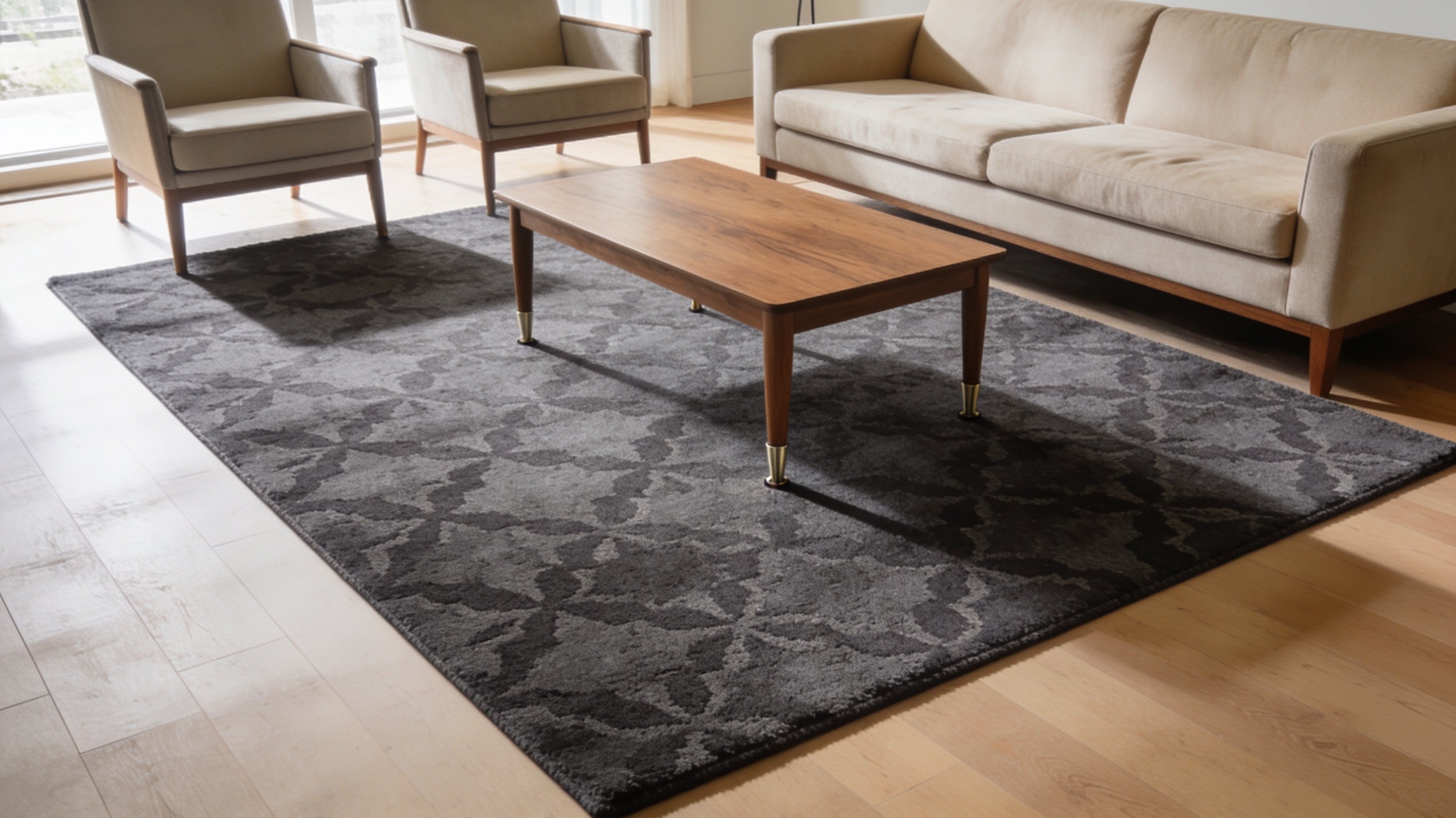 Charcoal patterned machine washable area rug anchoring a sofa and armchairs in a bright living room