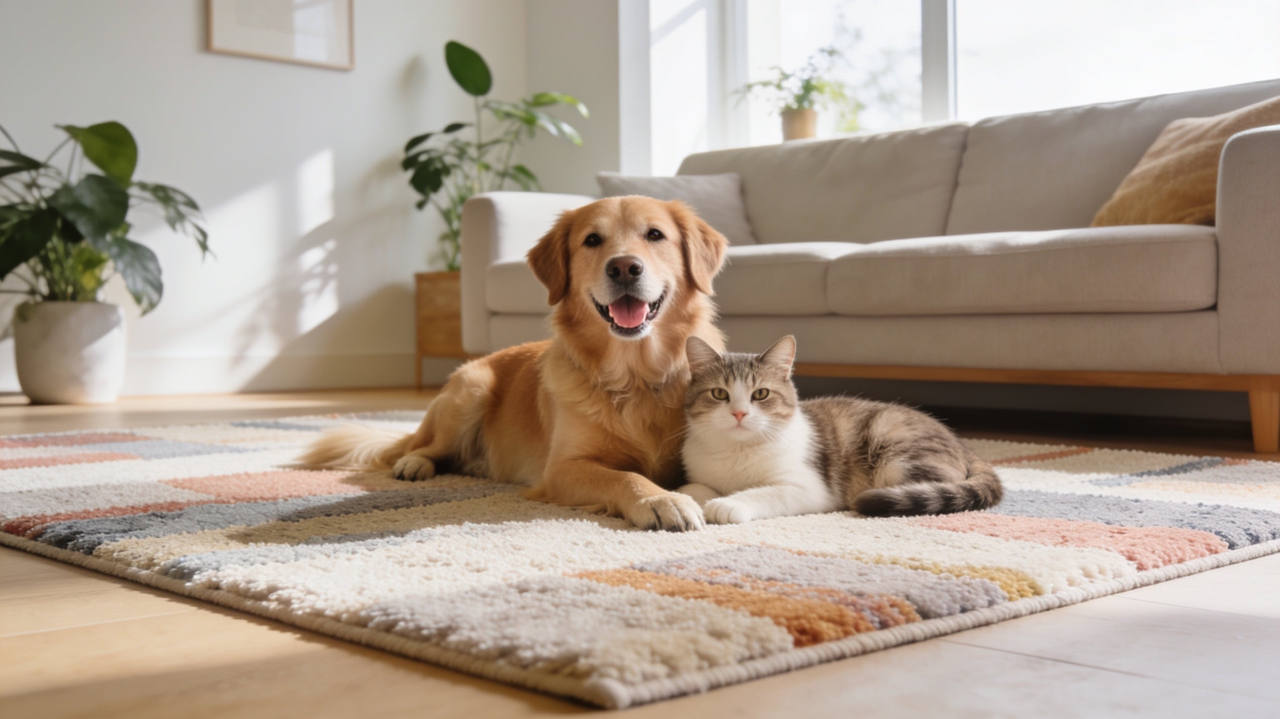 A dog and cat resting together on a multicolor low-pile washable area rug in a living room