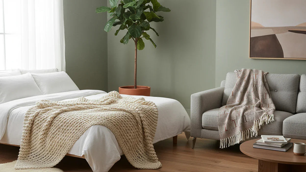 Cozy bedroom and living room with knitted throw blanket on bed, fringed throw on sofa, and indoor plant