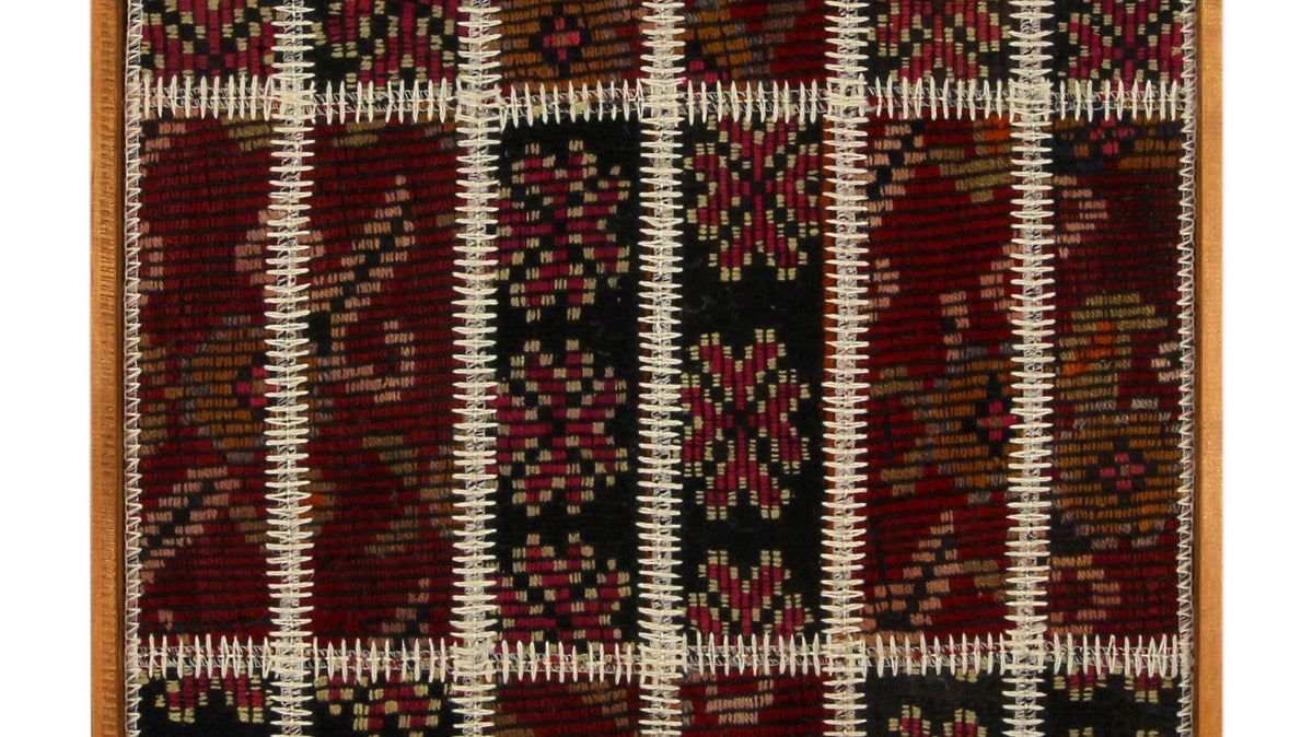 Ivory Turkish kilim patchwork woven wall art framed on wood