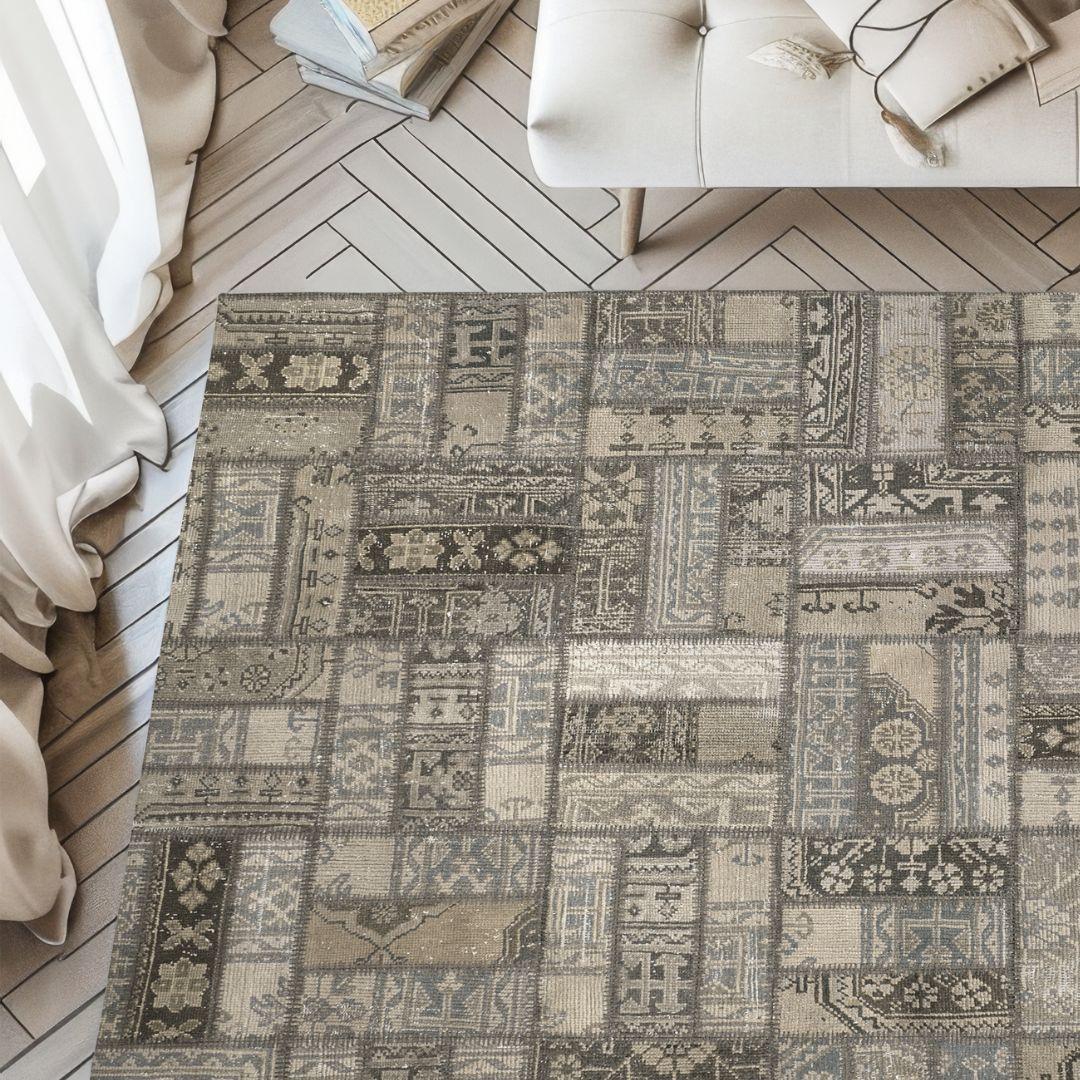 Vintage Dustveil Blue Turkish Patchwork Rug - TUR-GRAY-PAT-810-003 - Arconiz