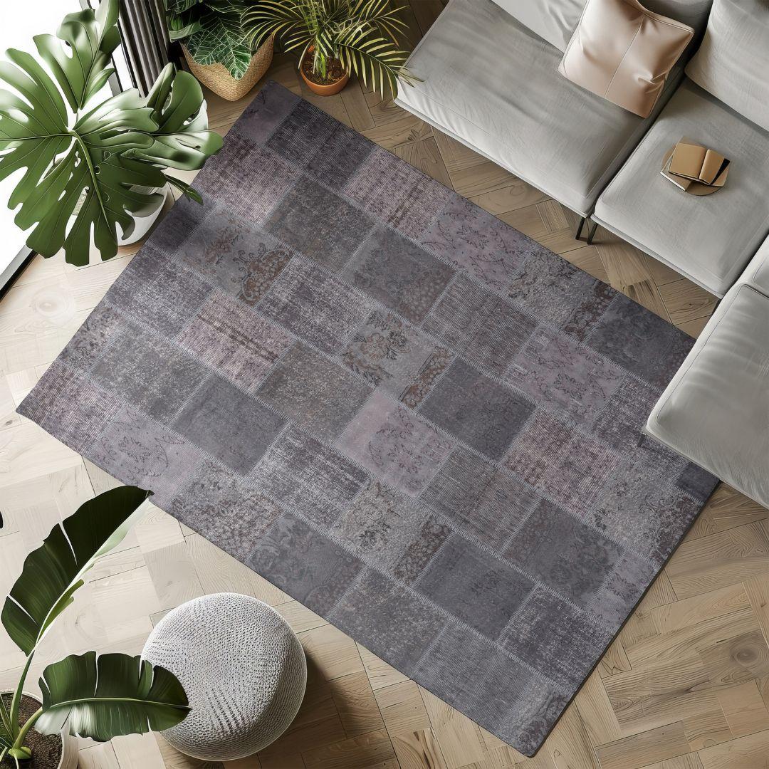 Vintage Gray Turkish Patchwork Pattern Rug - TUR-GRY-SAV-710-015 - Arconiz
