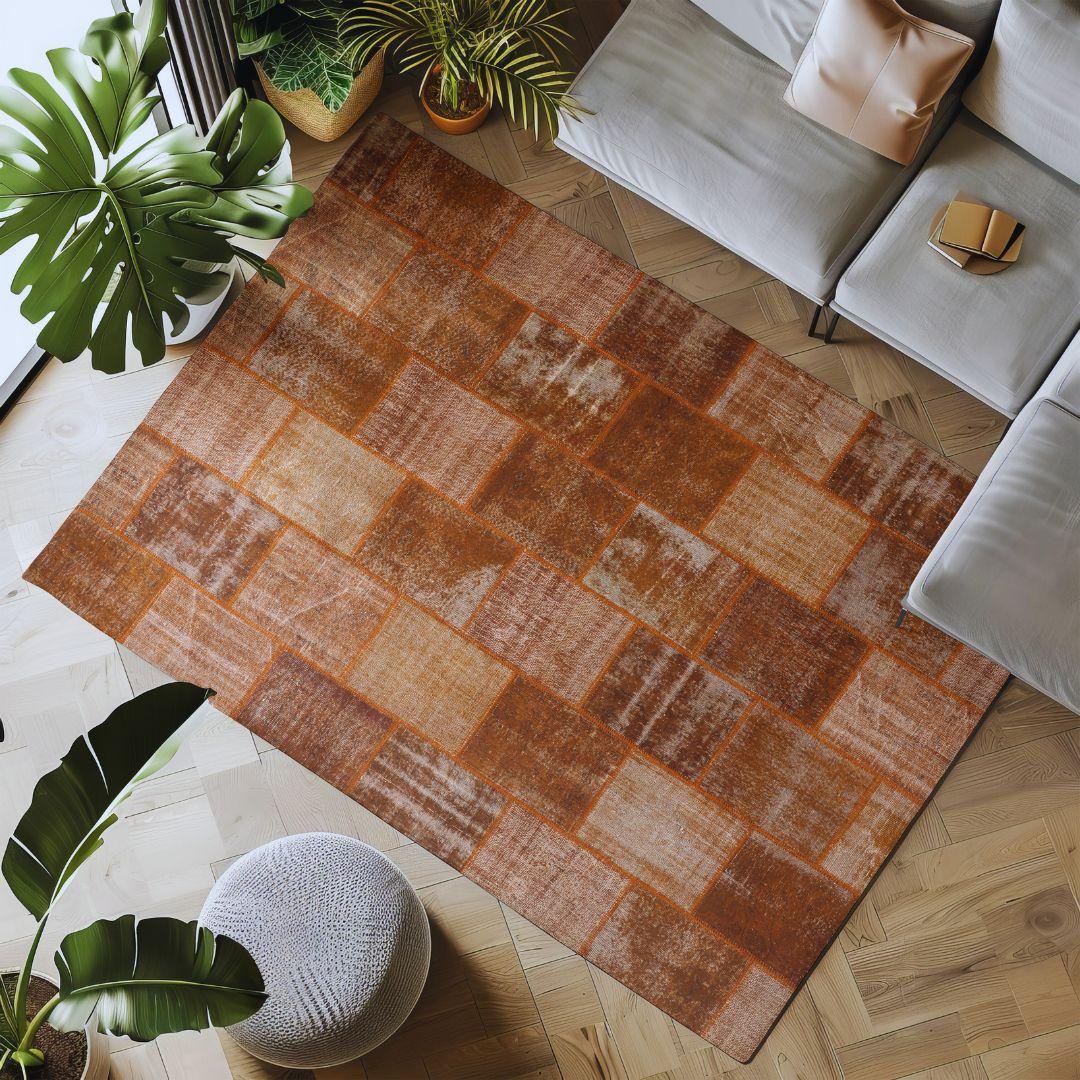 Vintage Rust Brown Turkish Patchwork Pattern Rug - TUR-RST-MOS-710-014 - Arconiz