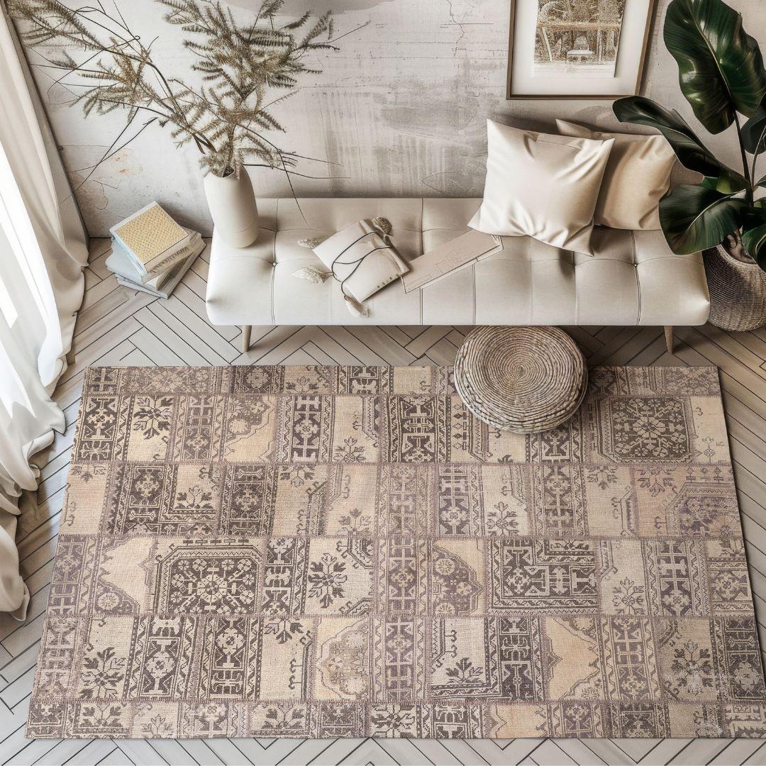 Vintage Soft Cream Blocks Turkish Rug - TUR-CRM-PAT-810-004 - Arconiz