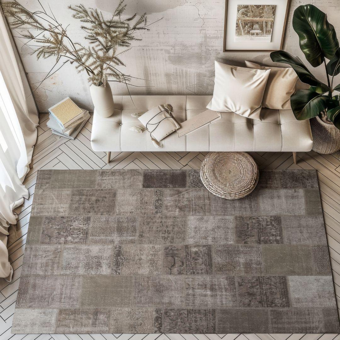 Vintage BeigeTurkish Patchwork Pattern Rug - TUR-BEI-ANW-710-016 - Arconiz